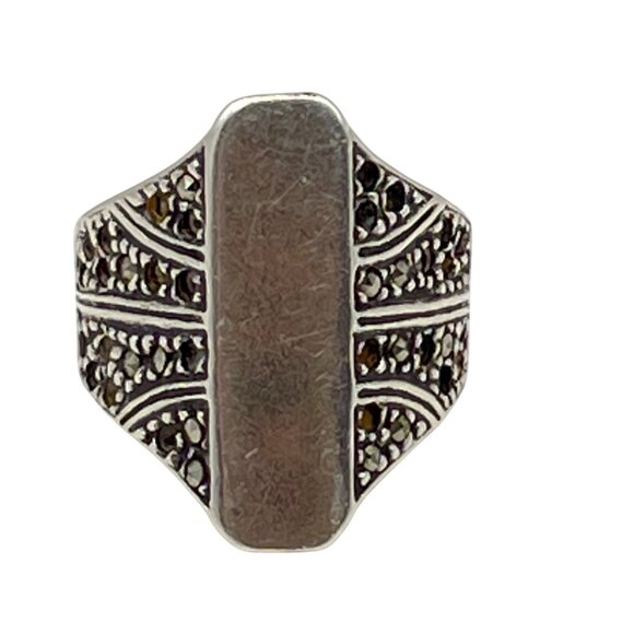 Jewelry - Vintage Sterling Silver Marcasite Signet Ring Size 7.75 925 Statement 6.99g LOOK